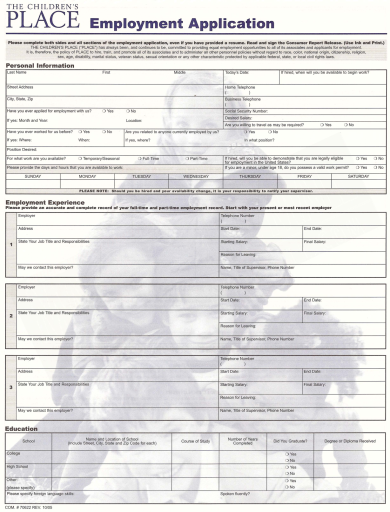 The Children's Place Job Application Form
