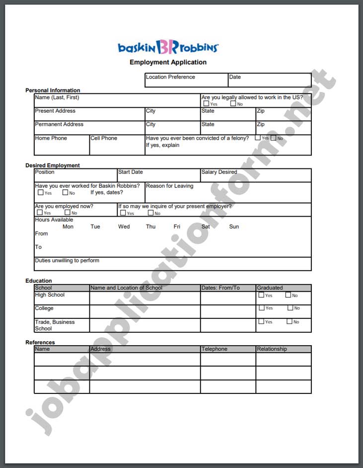 Baskin-Robbins Job Application Form