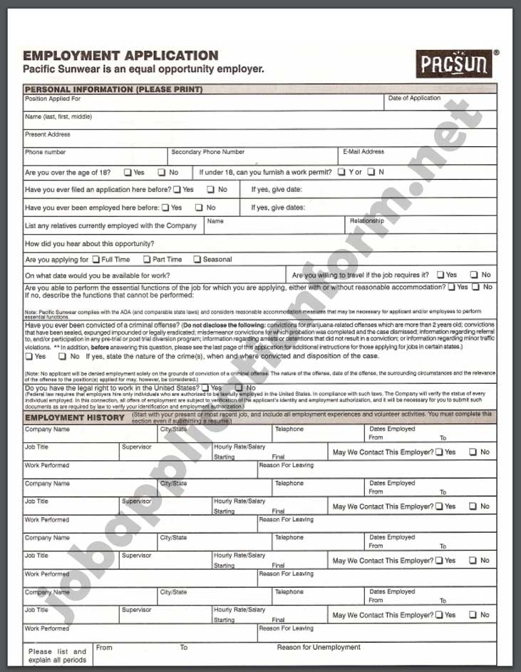 PacSun Job Application Form pdf