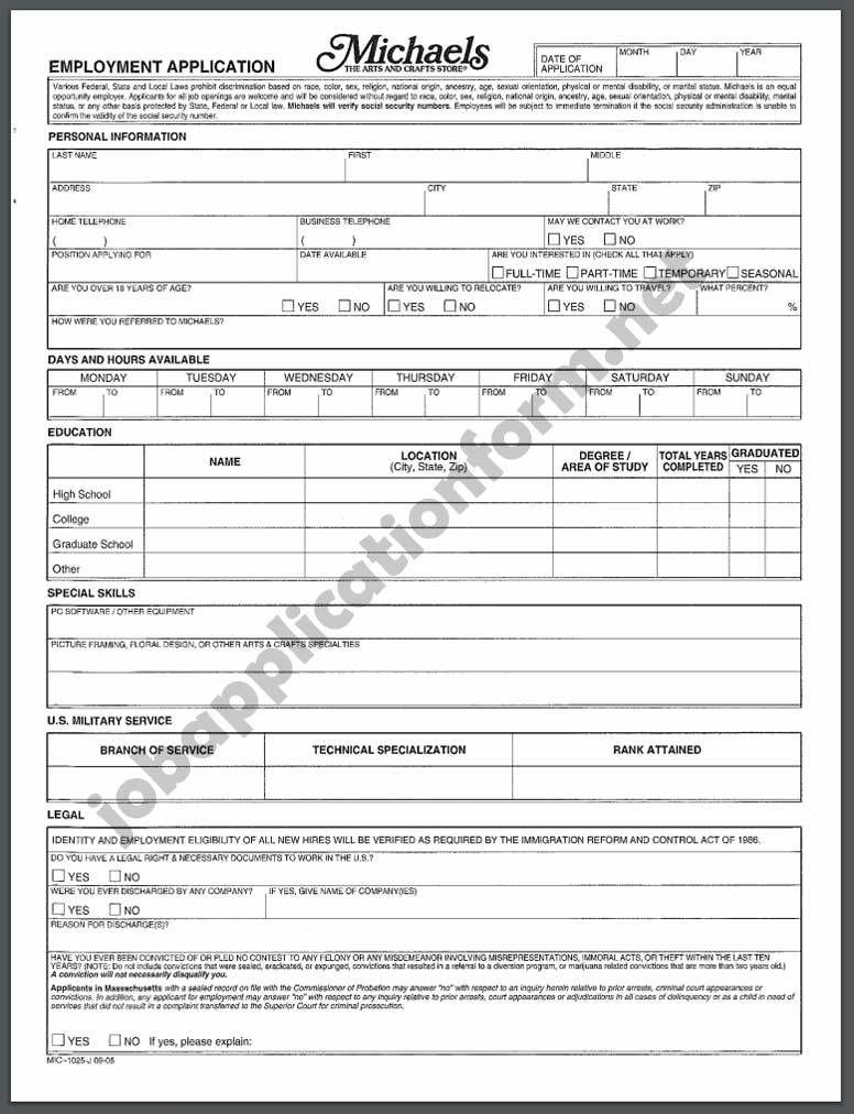 Michaels Job Application Form pdf