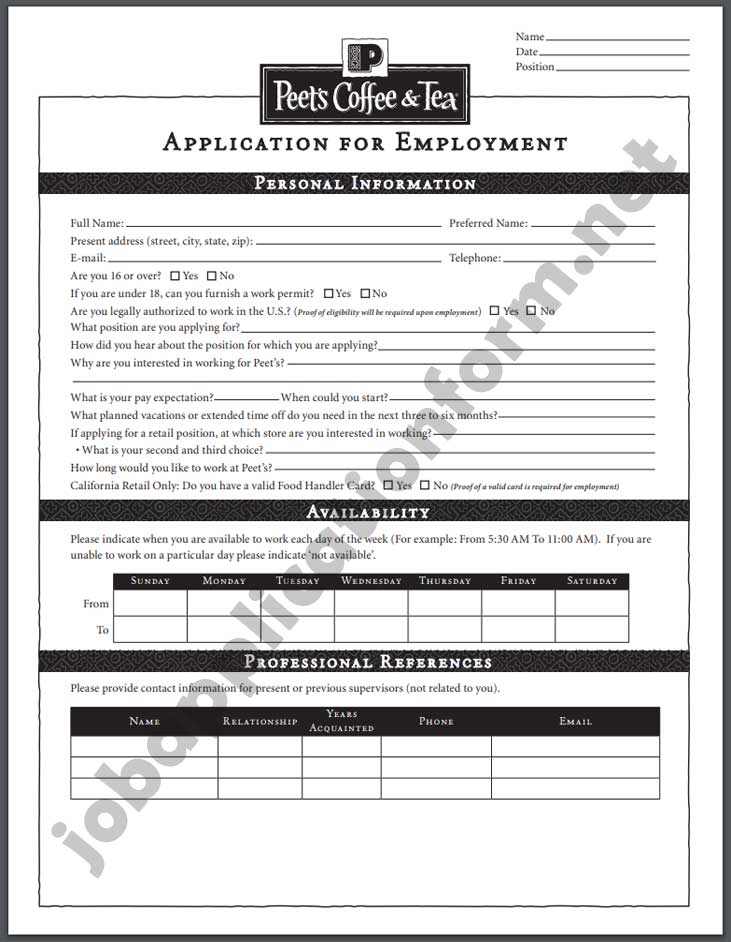 Peet's Application Form PDF