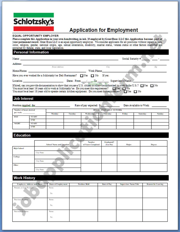 Schlotzsky's Application Form