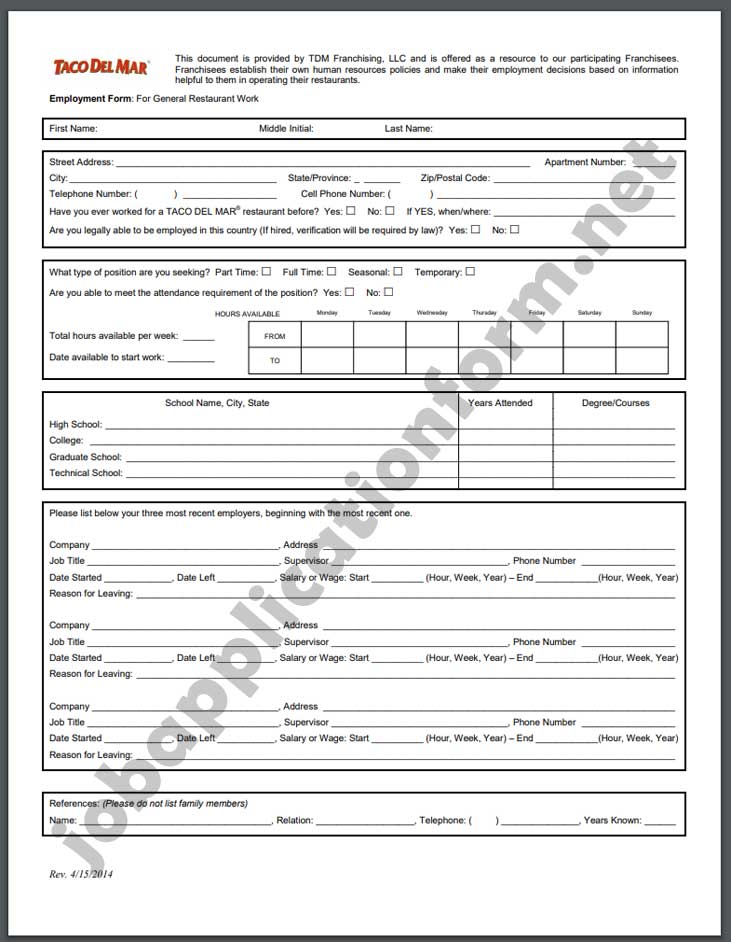 Taco Del Mar Application Form PDF