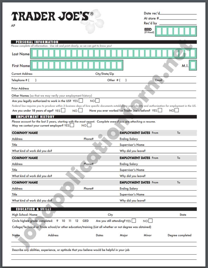 Trader Joe's Application Form PDF