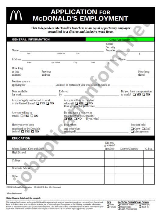 Print job application form for mcdonalds