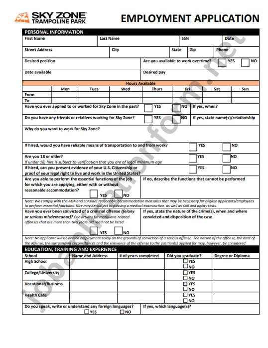 Sky Zone Job Application Form PDF