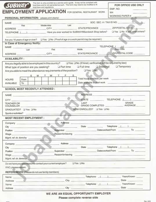 Subway Job Application Form pdf