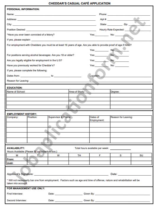 Cheddar’s Scratch Kitchen Application Form Printable PDF Careers