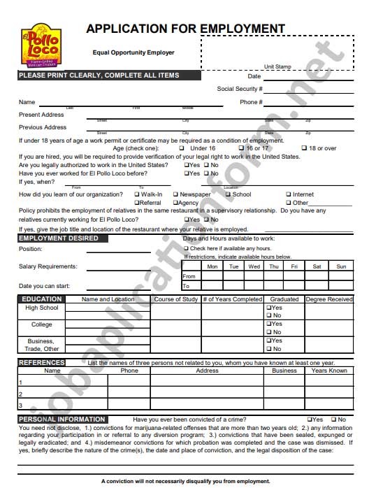 El Pollo Loco Application Form Printable PDF Careers Job El Pollo Loco Application Form Printable PDF Careers Job