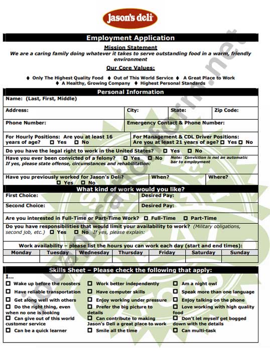 Jason’s Deli Application Form Printable PDF Careers & Job Applications 2023 PDF Forms