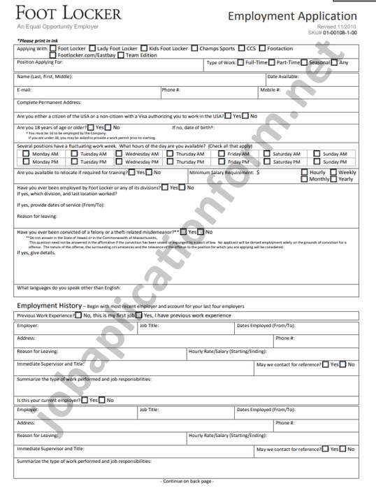 Kids Foot Locker Application Form Printable PDF Careers Job