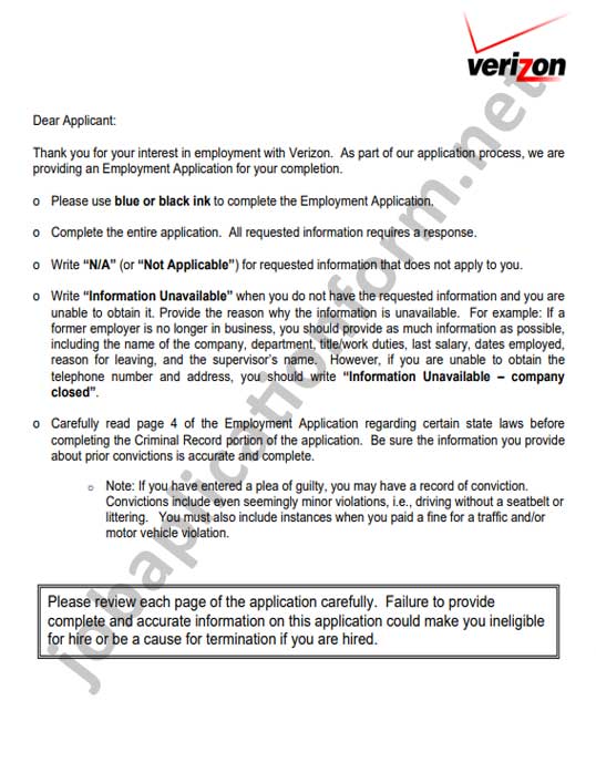 Verizon Communications Application Form Printable PDF Careers & Job