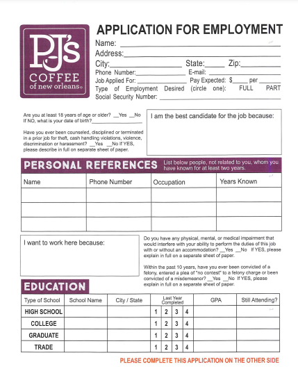 PJ's Coffee Job Application Form PDF